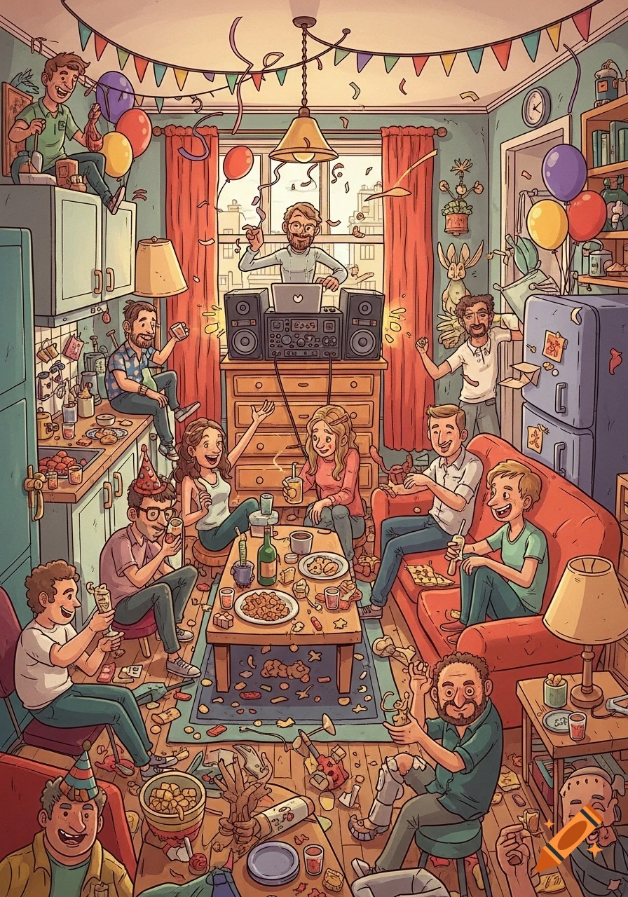 A crowded, cartoon-style illustration of a house party with many people crammed into a small apartment, celebrating amidst food and drinks.