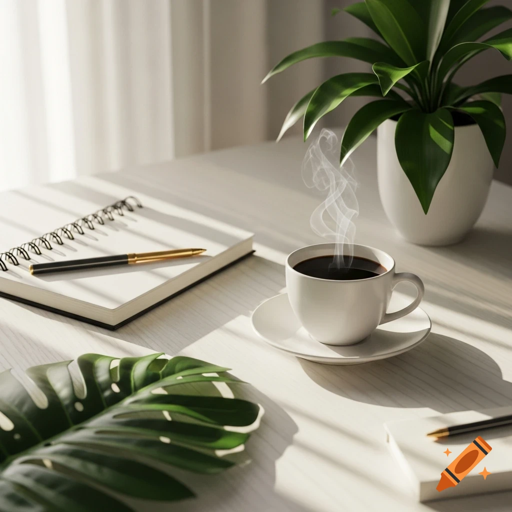 A minimalist flat lay of a steaming cup of coffee, a notebook with a pen, and green plants on a desk with morning light.