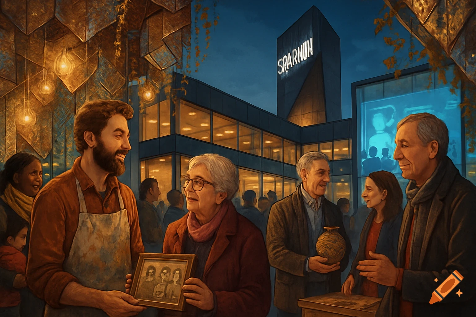 An illustration of a convivial gathering with diverse people holding objects, with a modern building labeled "SPARNUH" in the background at dusk.