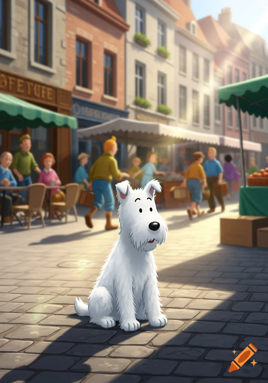 Tintin's white dog, Snowy, sits on a cobblestone street in a bustling, sunlit European town square, comic art style.