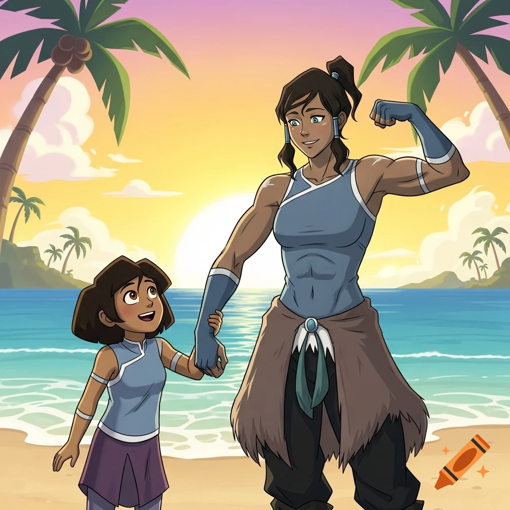 Cartoon Korra flexing her bicep, holding hands with a child on a sunny beach with palm trees and a sunset.