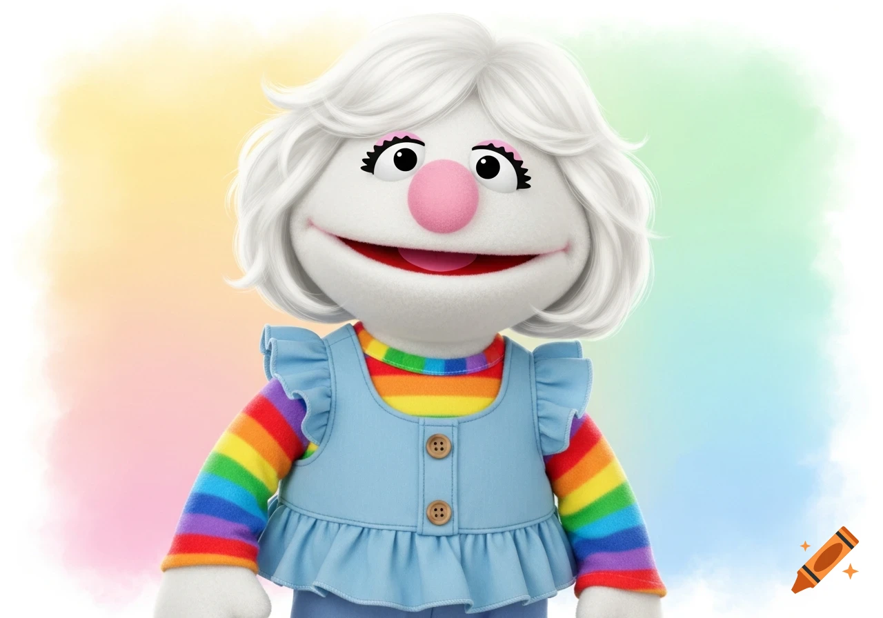 A friendly white muppet with short white wavy hair, a pink nose, wearing a rainbow long-sleeve shirt and a blue ruffled vest, smiles.
