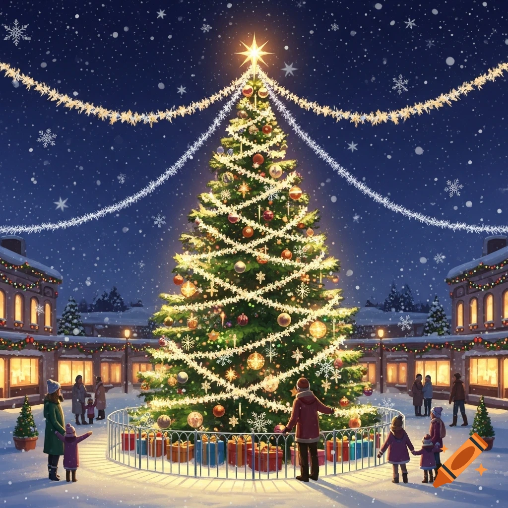 A large, brightly lit Christmas tree stands in a snowy town square at ...