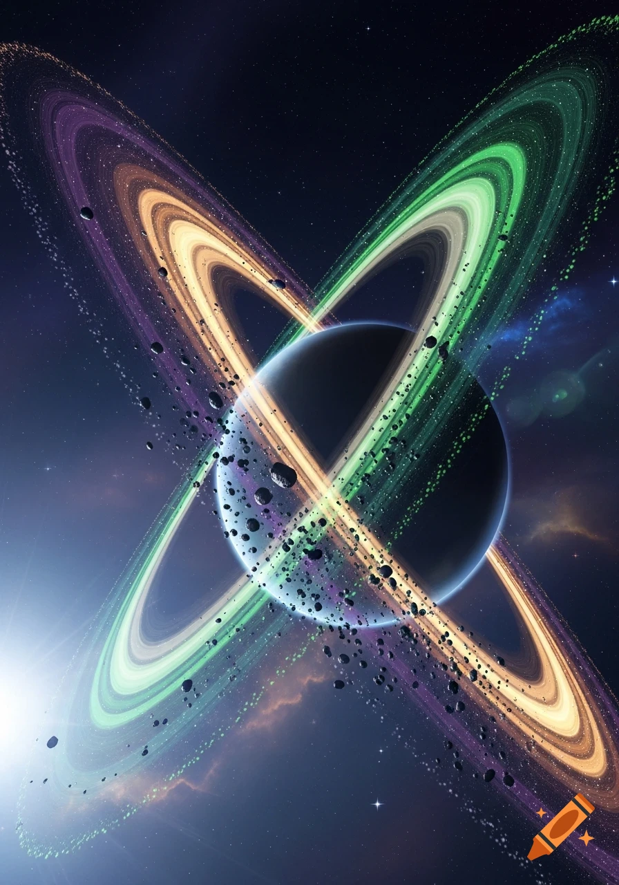 A vibrant planet with colorful intersecting rings and asteroids in deep space with glowing nebulae.
