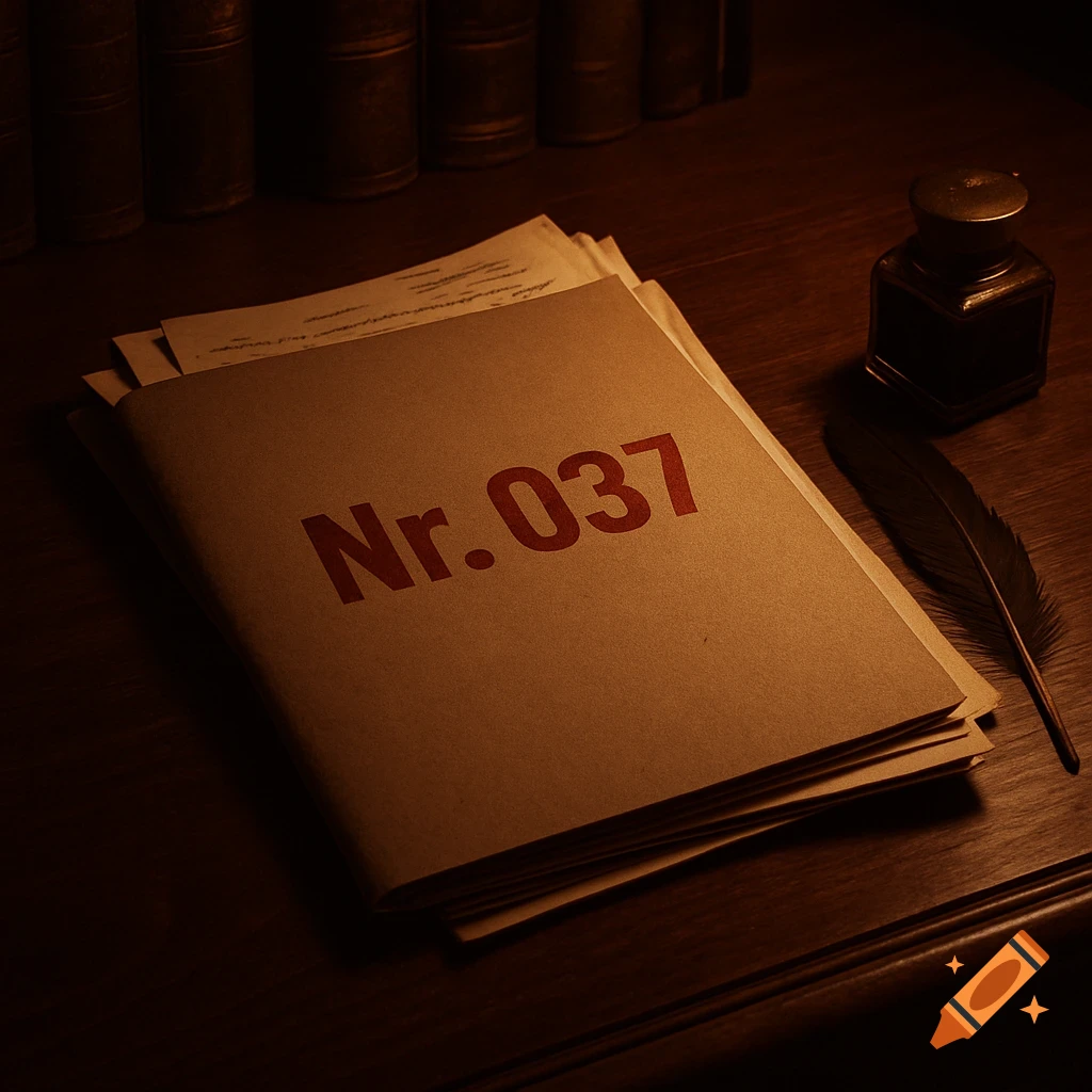 Close-up of a file folder marked 'Nr. 037' in red, an inkwell, and a quill on a wooden desk.