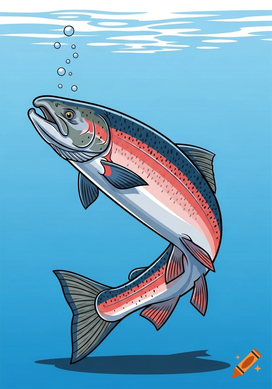 Vector illustration of a colorful salmon swimming in blue water with bubbles.