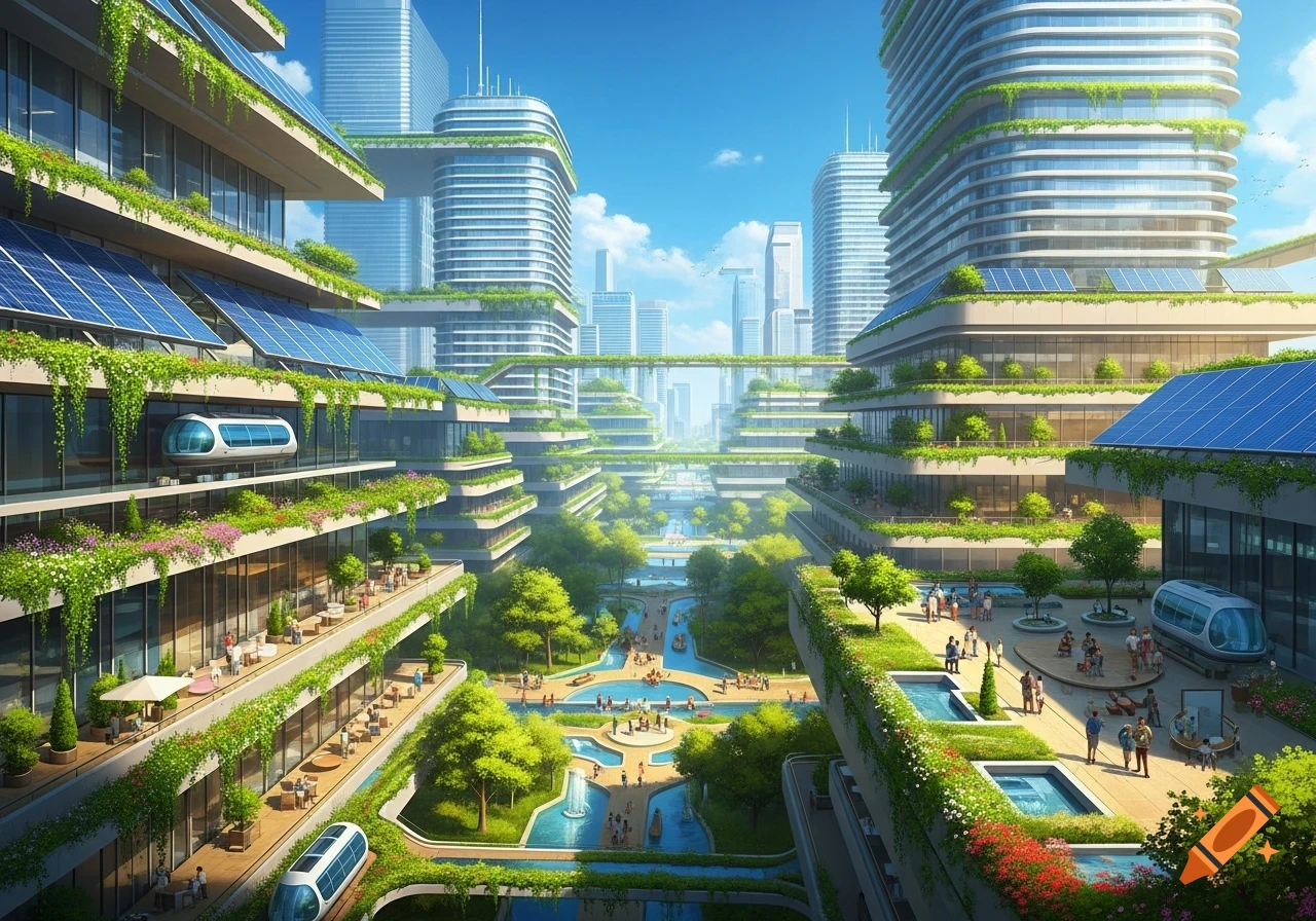 A vibrant solarpunk city with futuristic buildings, green infrastructure, solar panels, elevated trains, and lush public parks.