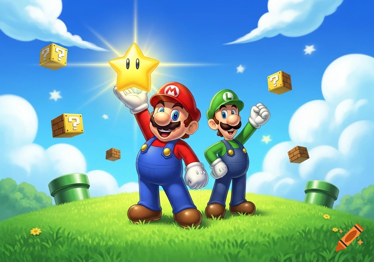 Cartoon Mario holding a star and Luigi raising his fist on a grassy hill with floating question blocks and warp pipes under a blue sky.