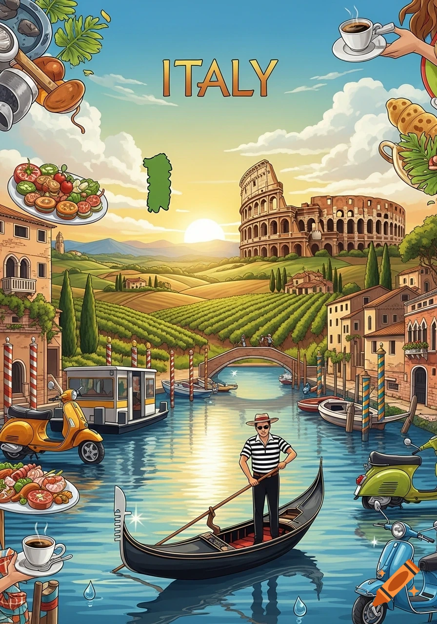 Vibrant cartoon illustration of Italy featuring the word "ITALY", the Colosseum, Venice canals with a gondolier, Tuscan vineyards, Vespas, and various Italian foods and drinks.