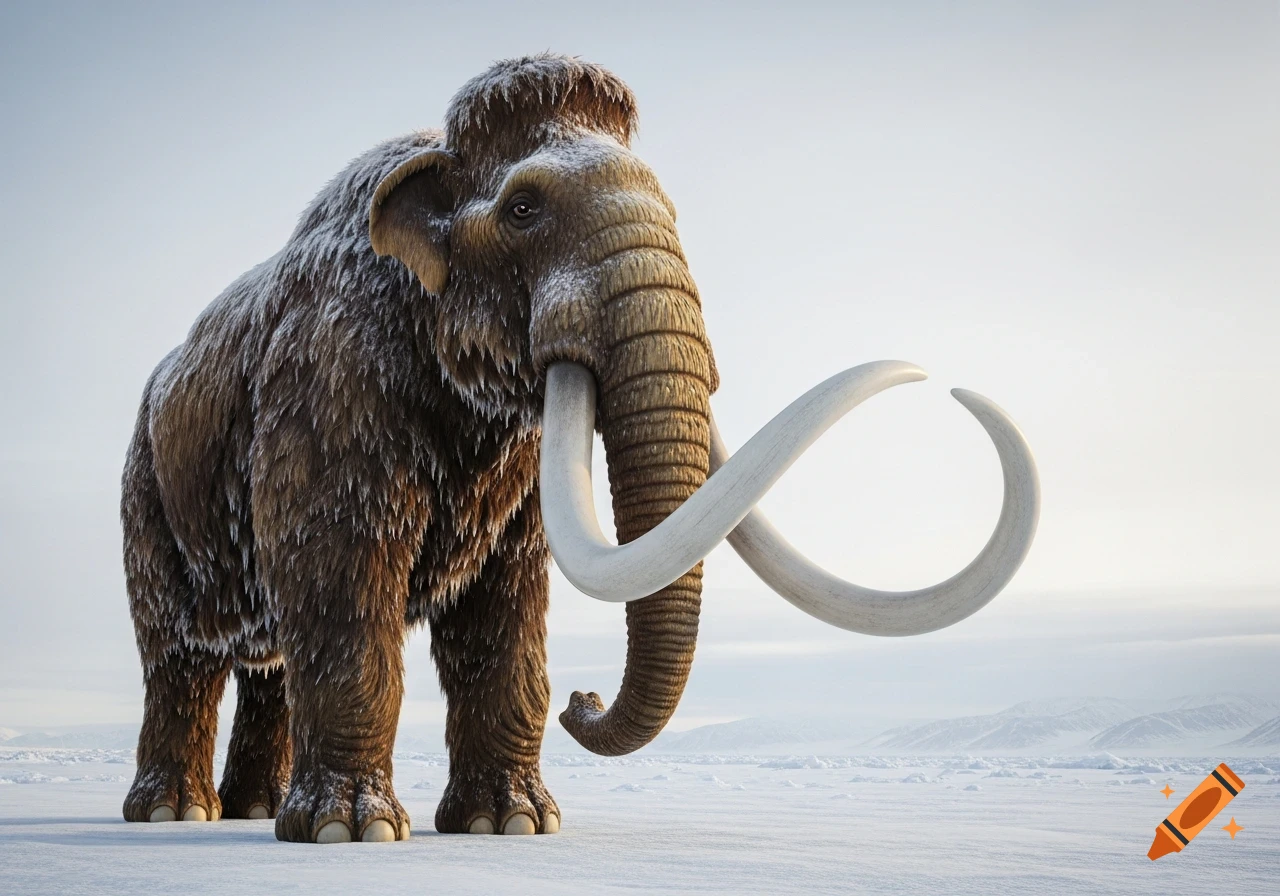 A photorealistic woolly mammoth with long tusks stands on a snowy plain under a bright sky.