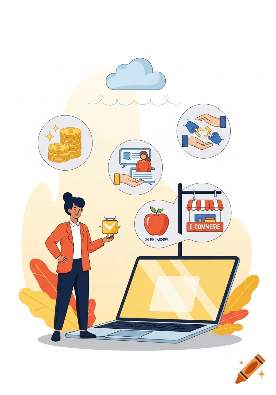 A stylized business illustration with a person standing by a laptop, surrounded by icons for money, online teaching, and e-commerce, under a cloud.