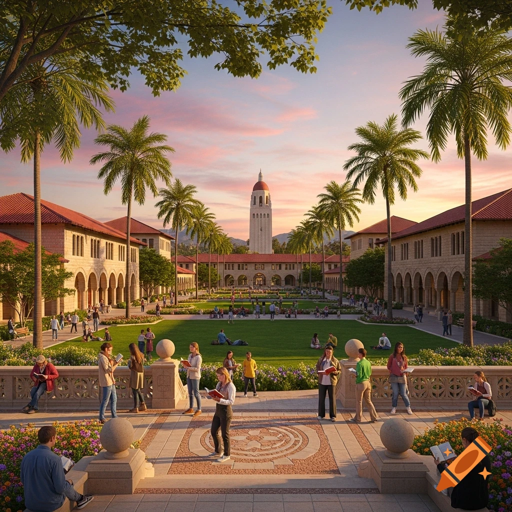 Photorealistic image of Stanford University campus on a sunny day, with students, palm trees, and the iconic Hoover Tower.