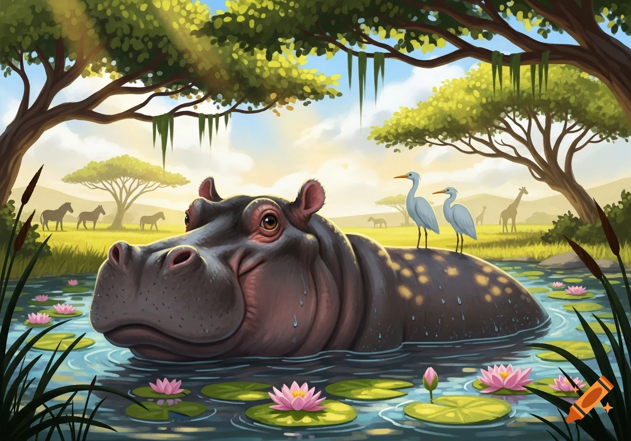 A cheerful cartoon hippo in a river with lily pads, two egrets on its back. Trees frame a sunny savanna background with giraffes and zebras.