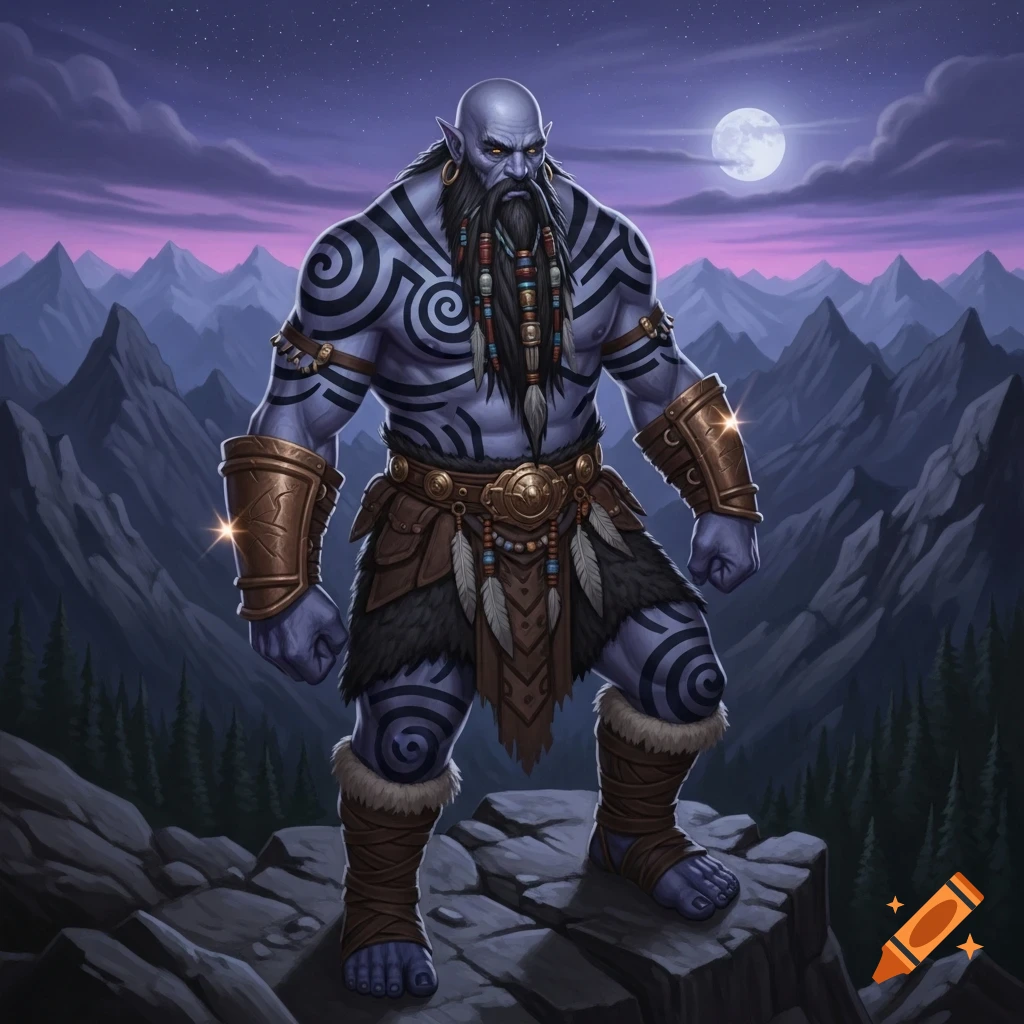 A bald goliath with ash-colored skin and black tribal tattoos stands on a rock, looking forward. He has a long braided beard and wears leather and fur armor. A full moon shines over a purple mountain range at dusk in the background.