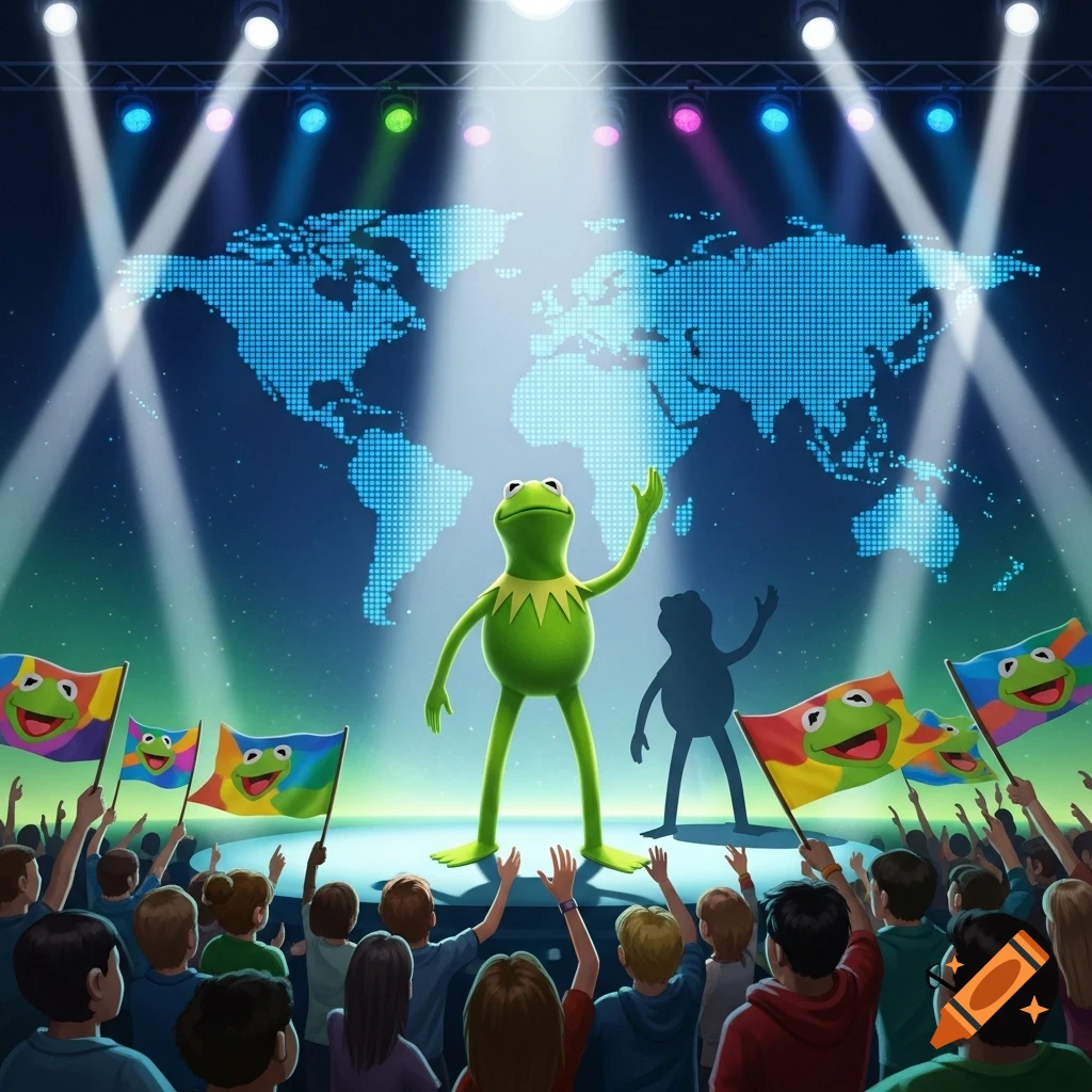Kermit the Frog on a brightly lit stage with a world map behind him, waving to a crowd holding rainbow flags.