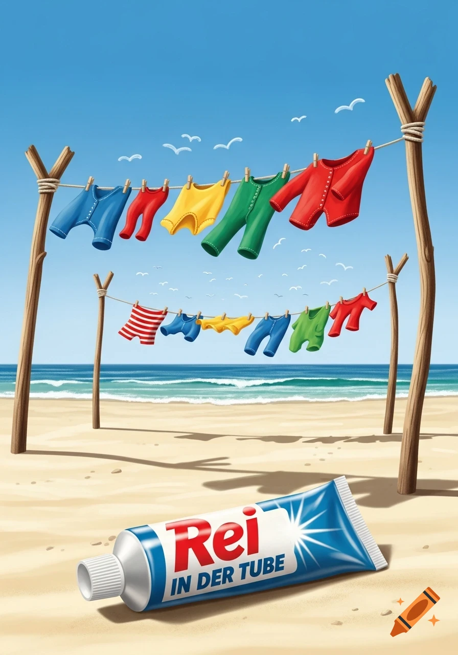 Illustrated scene of colorful clothes drying on clotheslines on a sunny beach, with a tube of Rei detergent in the foreground.