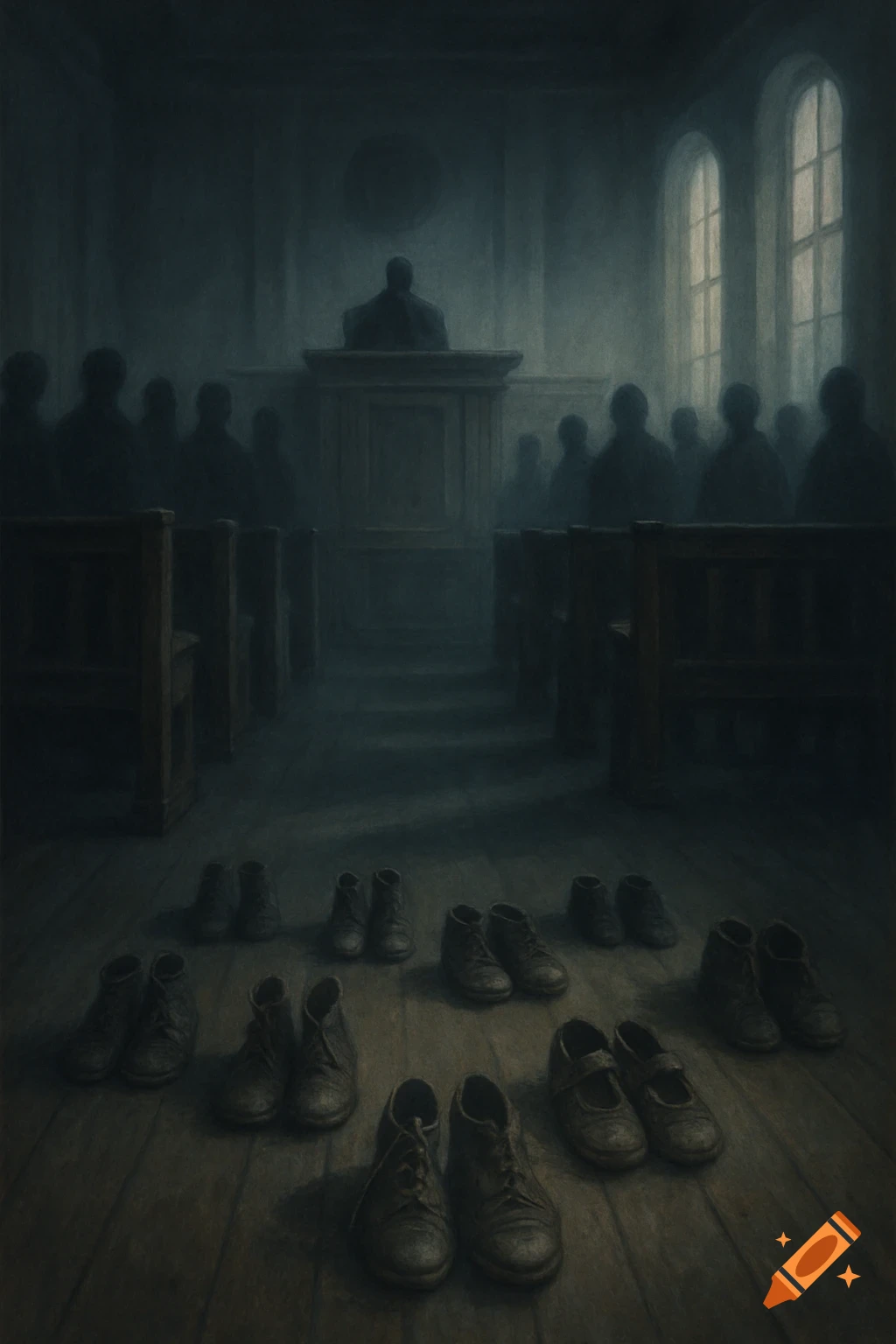 A somber, dark painting depicting rows of old, empty shoes on a wooden floor in a dimly lit hall, with silhouetted figures and a podium in the background.