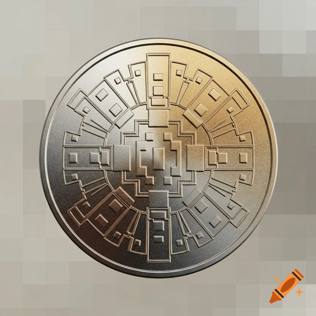 A metallic coin with an embossed geometric pixel art design and a pixelated background.
