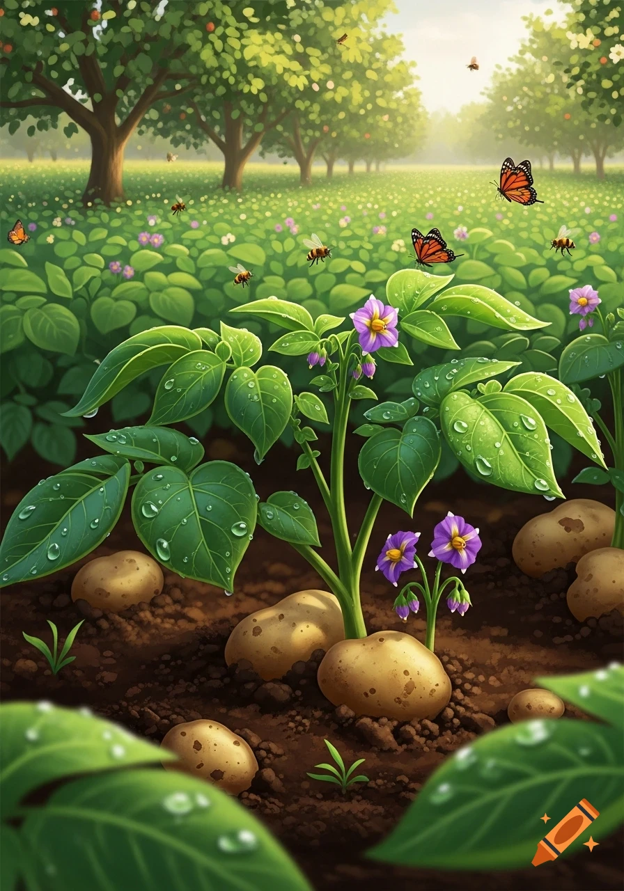 A vibrant illustration of a potato plant with purple flowers and potatoes in rich soil, surrounded by a green field, trees, bees, and butterflies.