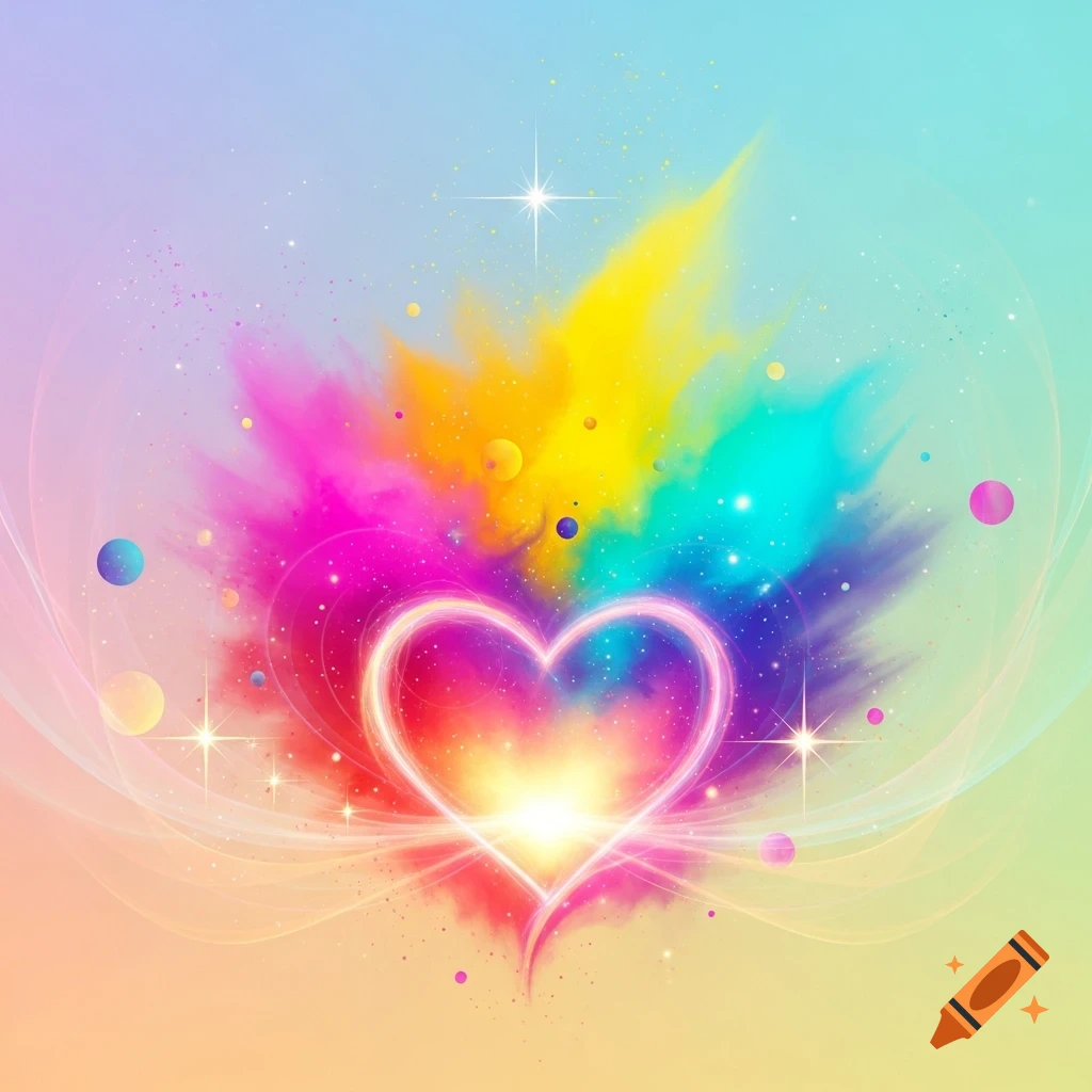 A vibrant, glowing heart at the center of a colorful explosion of pink, yellow, and blue powder, surrounded by sparkles, against a pastel gradient background.