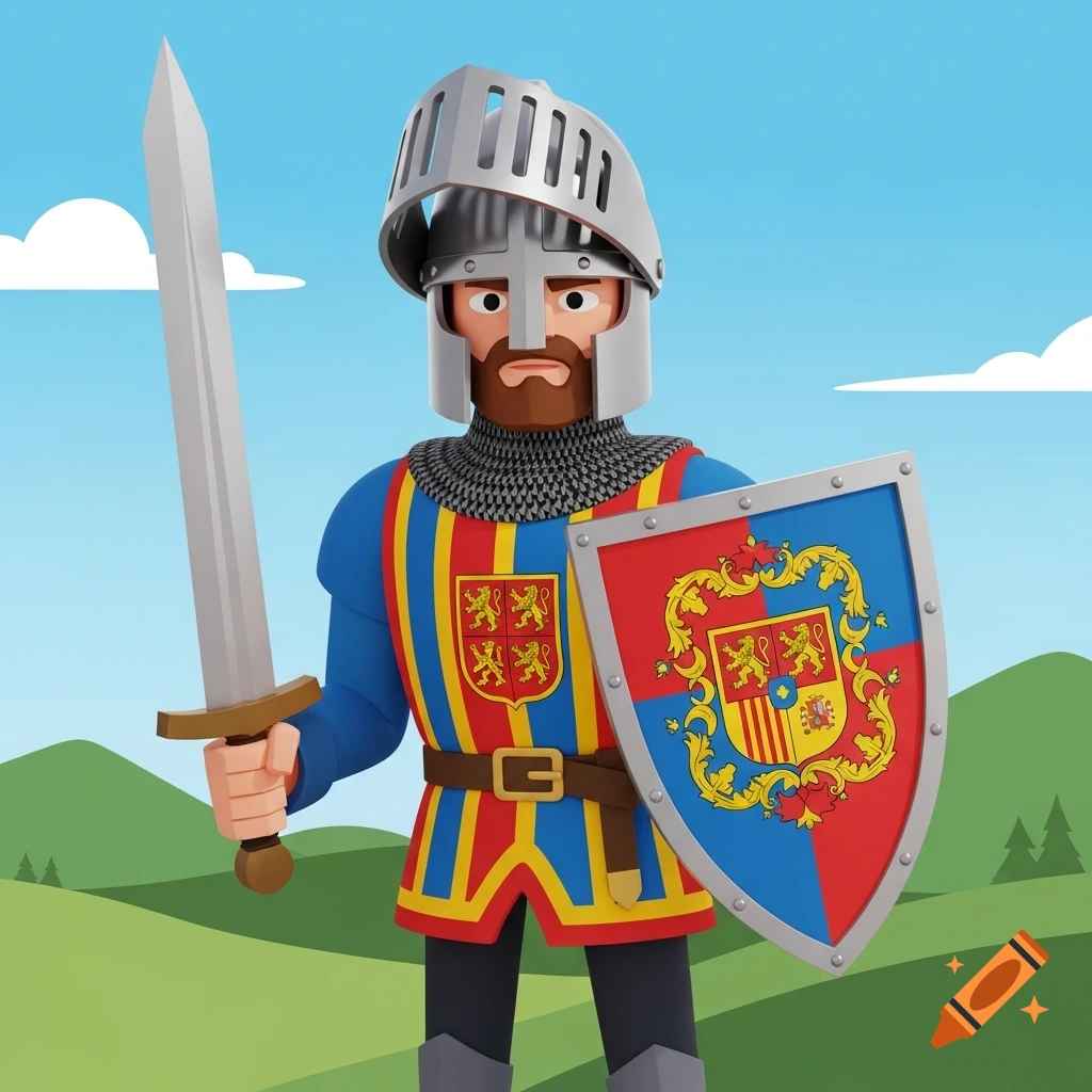 A 3D cartoon knight in a helmet and colorful tunic holds a sword and a shield against a green landscape and blue sky.