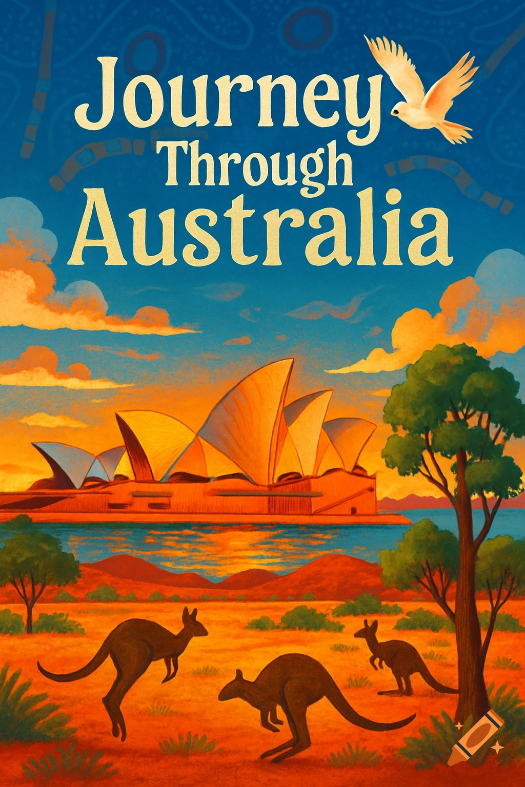 Stylized travel poster for Australia featuring the Sydney Opera House at sunset, kangaroos, a bird, and 'Journey Through Australia' text.