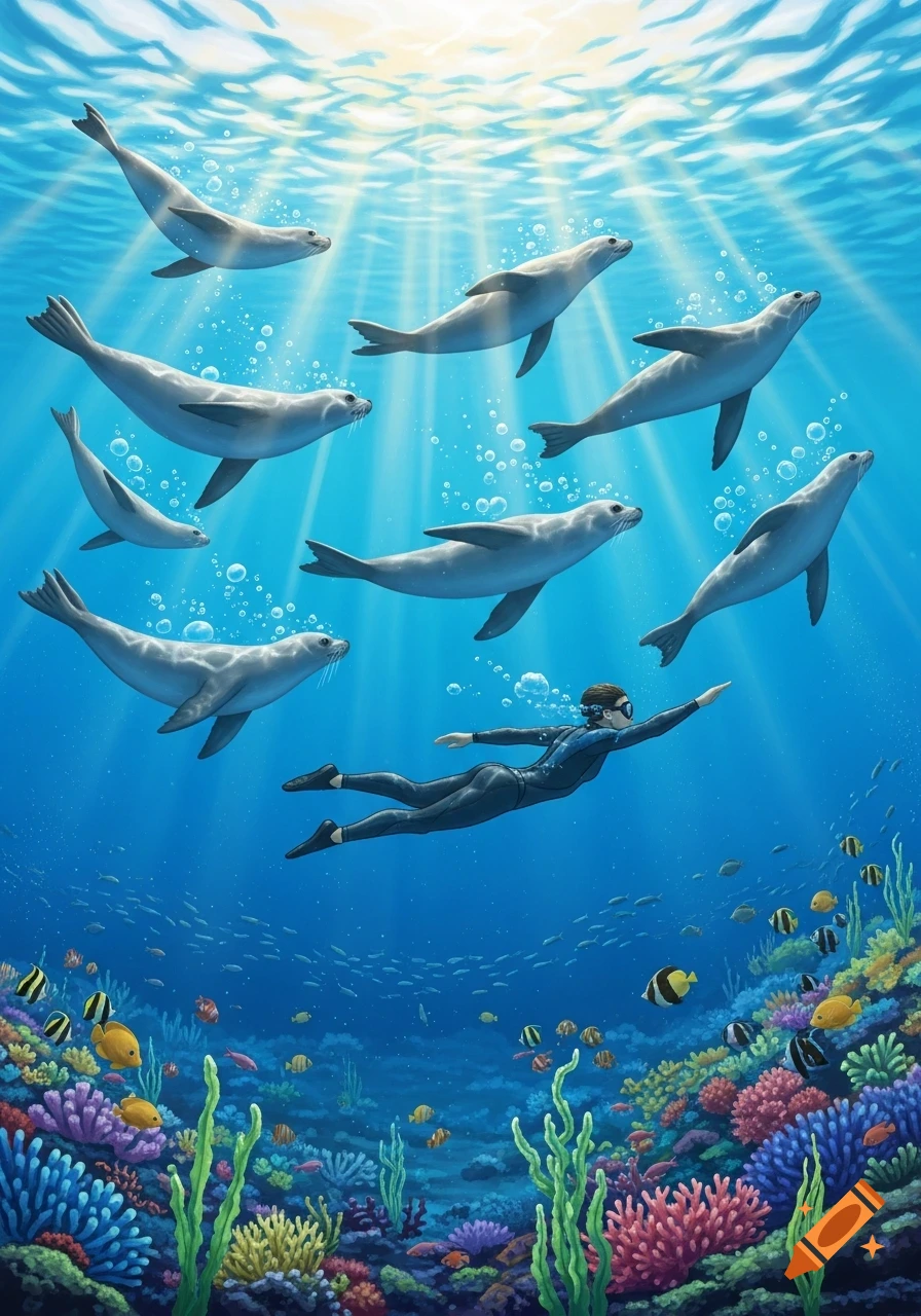 A diver swims with a group of seals over a vibrant coral reef, with sun rays piercing through the blue water.