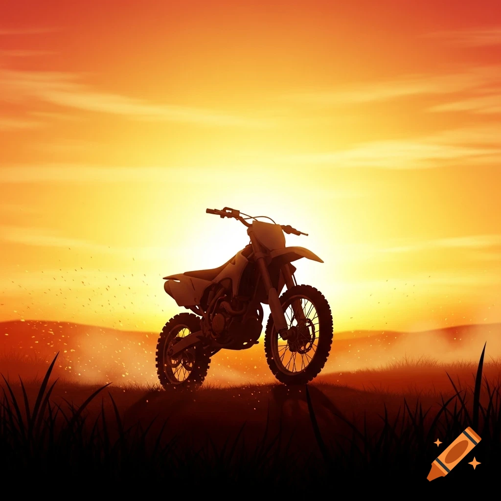 Illustrated silhouette of a dirtbike parked on a grassy hill against a vibrant orange and yellow sunset.