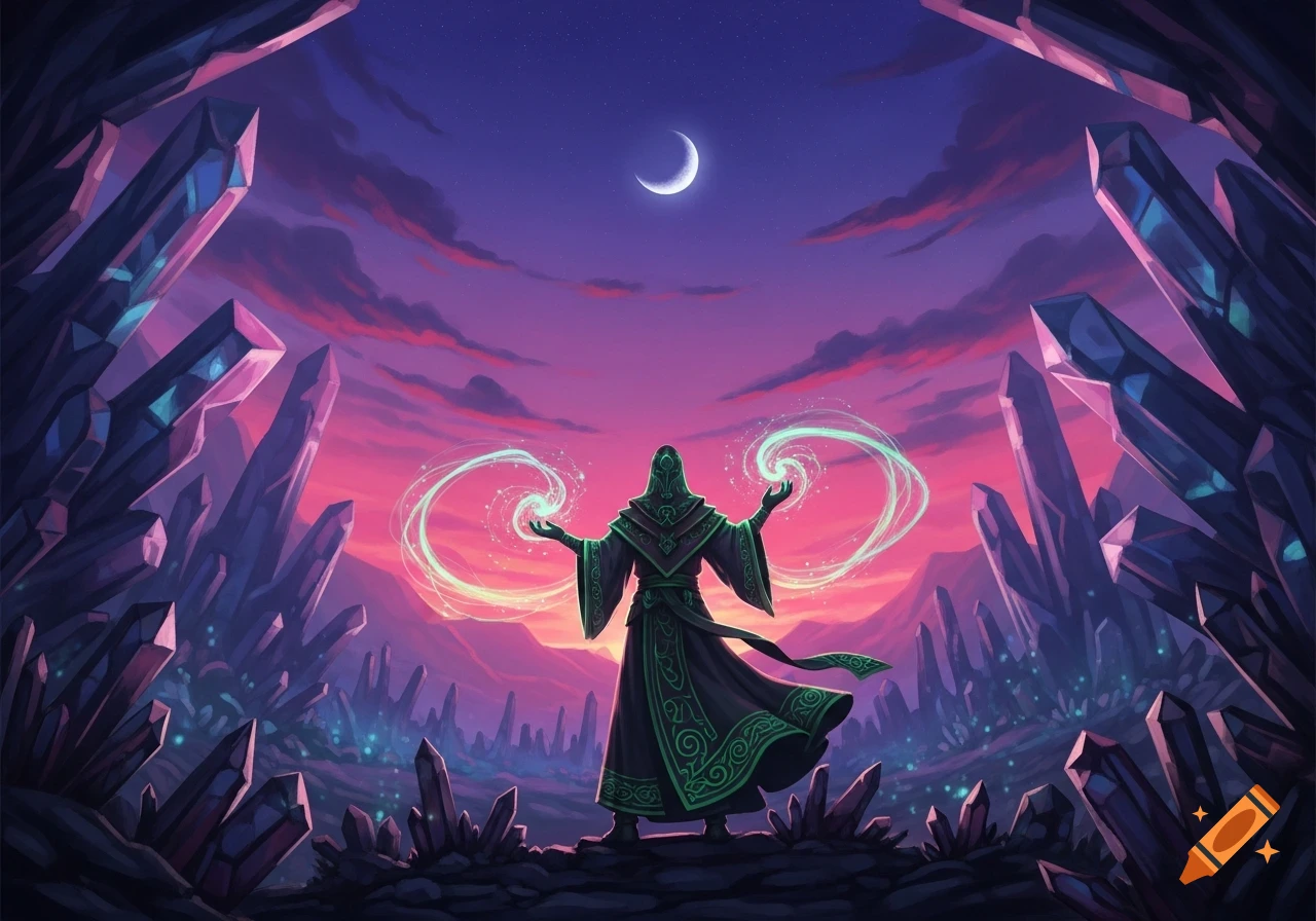 A hooded sorcerer in a crystal valley under a crescent moon, casting green glowing spells. Vibrant fantasy art.