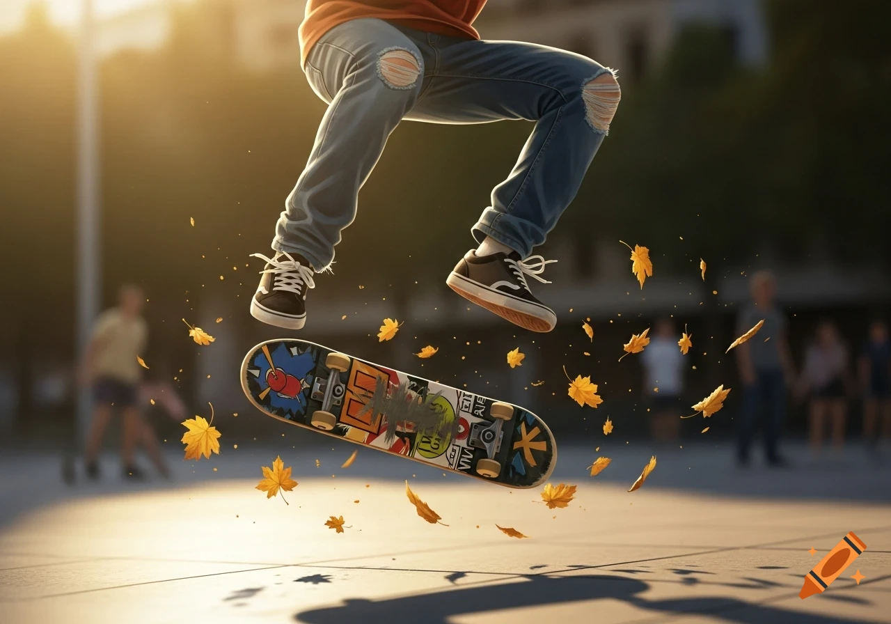A person's legs and feet are mid-air above a skateboard during a kickflip, surrounded by floating autumn leaves at sunset.