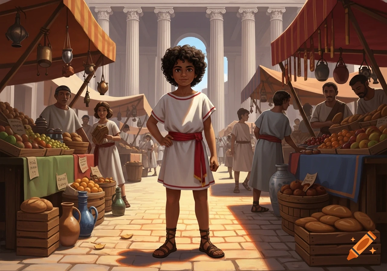 A young boy in a white tunic and red sash stands in a bustling ancient Roman marketplace, with columns in the background.