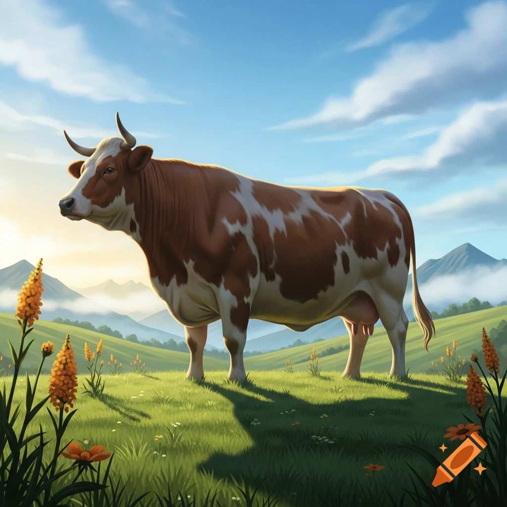Brown and white cow stands in a sunlit green field with distant mountains under a blue sky, in an illustrative style.