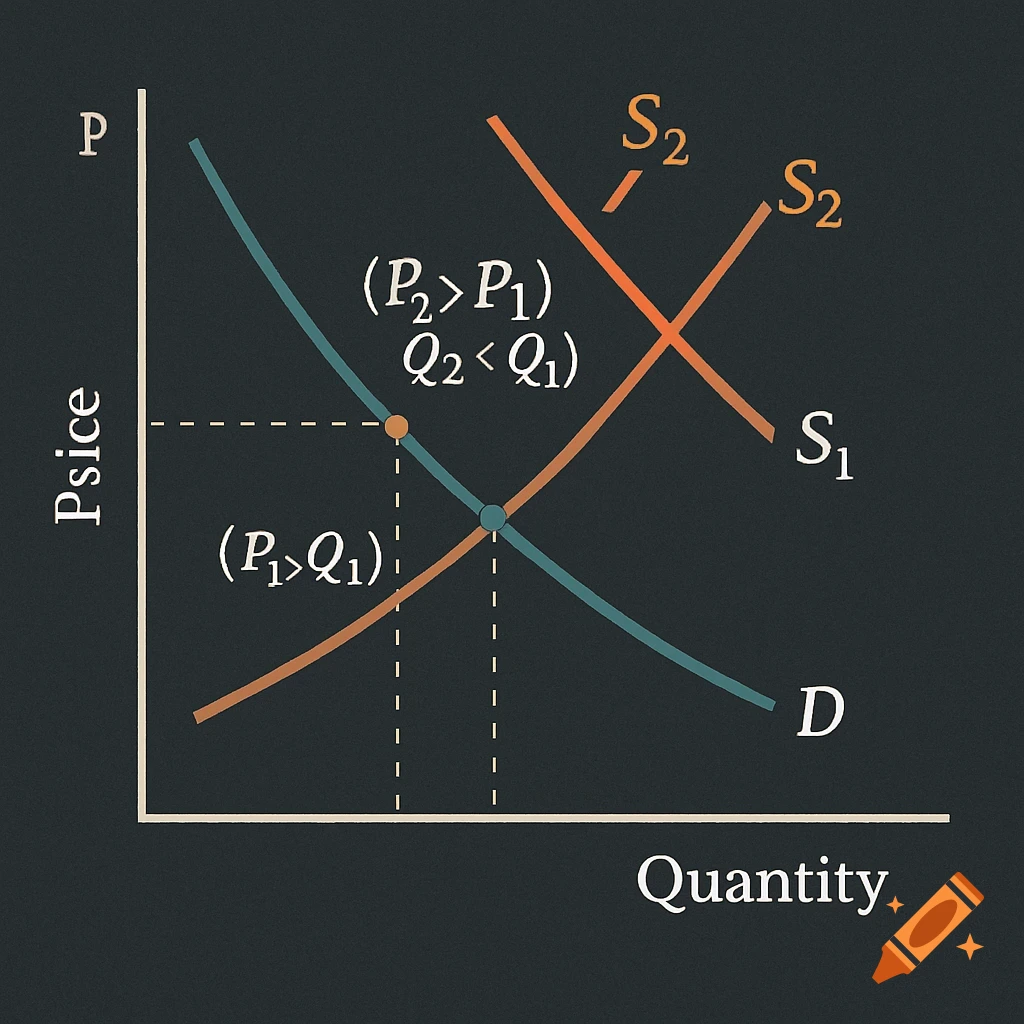 An economics graph showing demand and supply curves, with supply shifting left, illustrating new equilibrium.