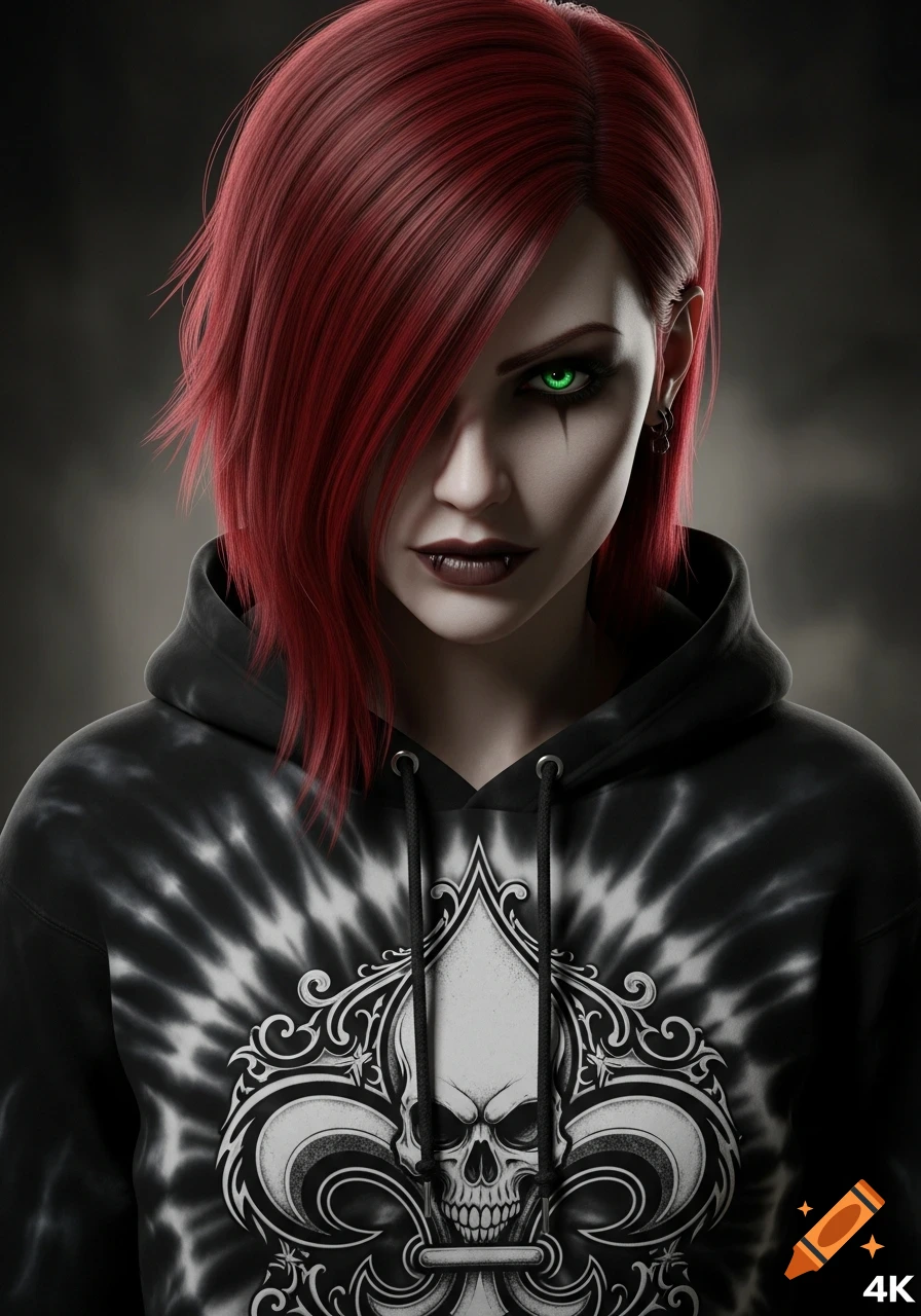 Close-up of a pale female vampire with blood-red shaggy hair, glowing green eyes, fangs, and dark makeup, wearing a skull-graphic tie-dye hoodie.