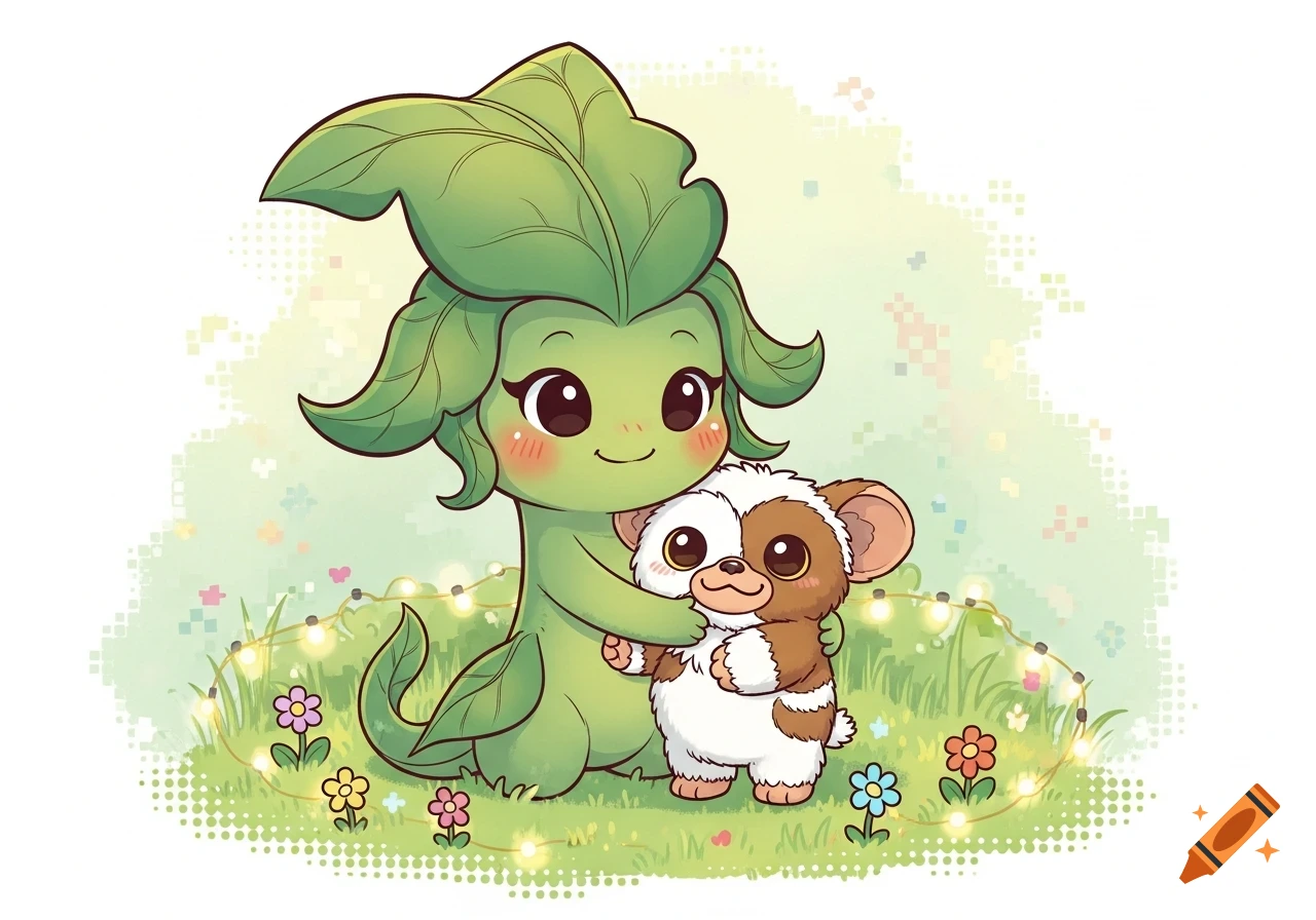 A cute green leafy creature hugs a fluffy brown and white Mogwai in a cartoon style, surrounded by flowers and fairy lights.
