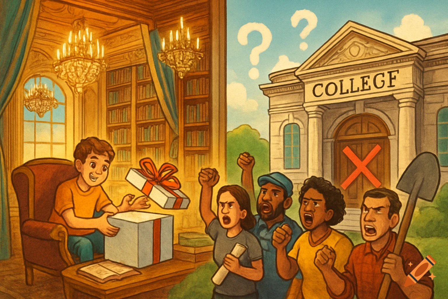 Political cartoon illustrating a wealthy student opening a gift indoors while angry protesters stand outside a college with an 'X' on its door.