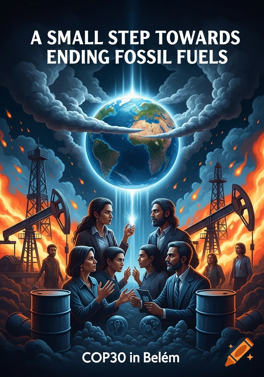People discussing climate change below glowing Earth, surrounded by oil rigs, fire, and smoke. Text: 'A SMALL STEP TOWARDS ENDING FOSSIL FUELS' and 'COP30 in Belém'.