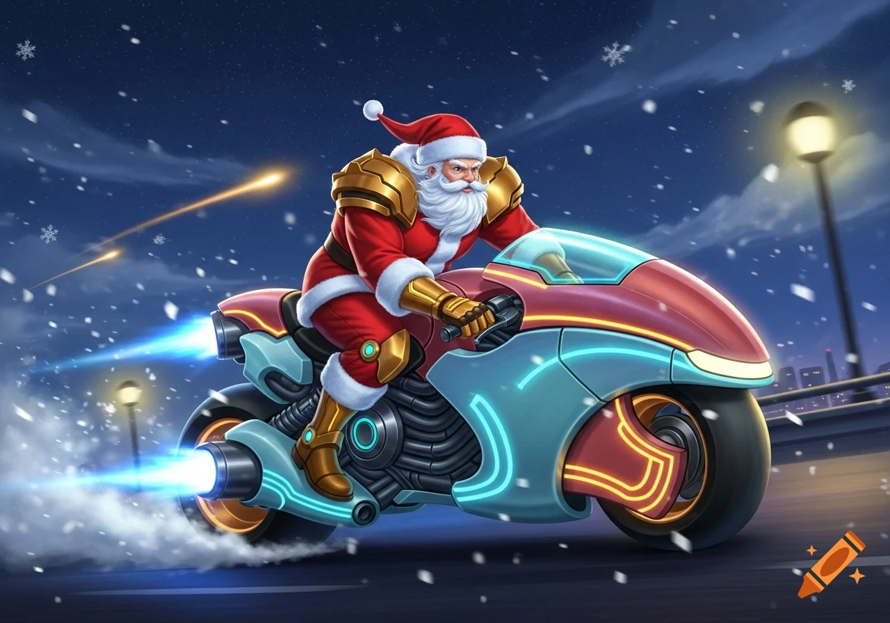 Santa Claus in gold armor rides a futuristic neon-lit motorcycle through a snowy night city, digital illustration.