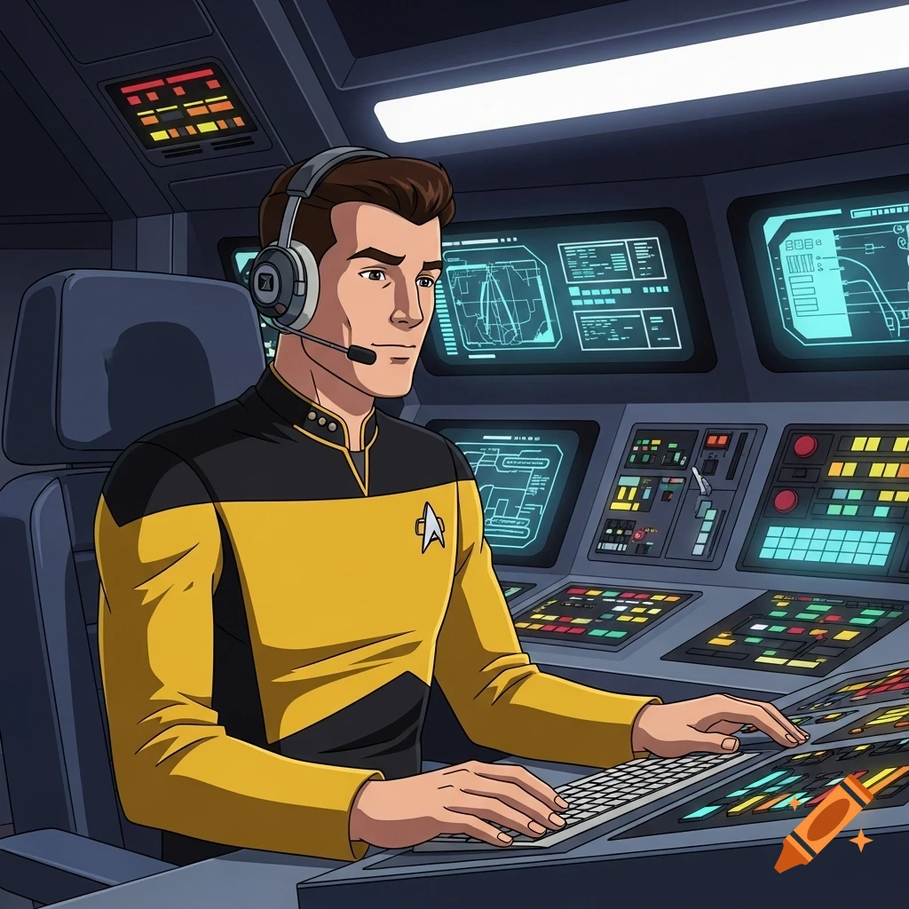 A man in a yellow Starfleet-style uniform with a headset works at a futuristic console, depicted in a cartoon style.