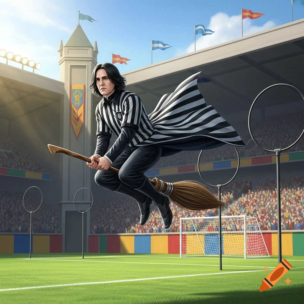 A dark-haired man resembling Severus Snape flies a broomstick as a referee over a green Quidditch field in a crowded stadium.