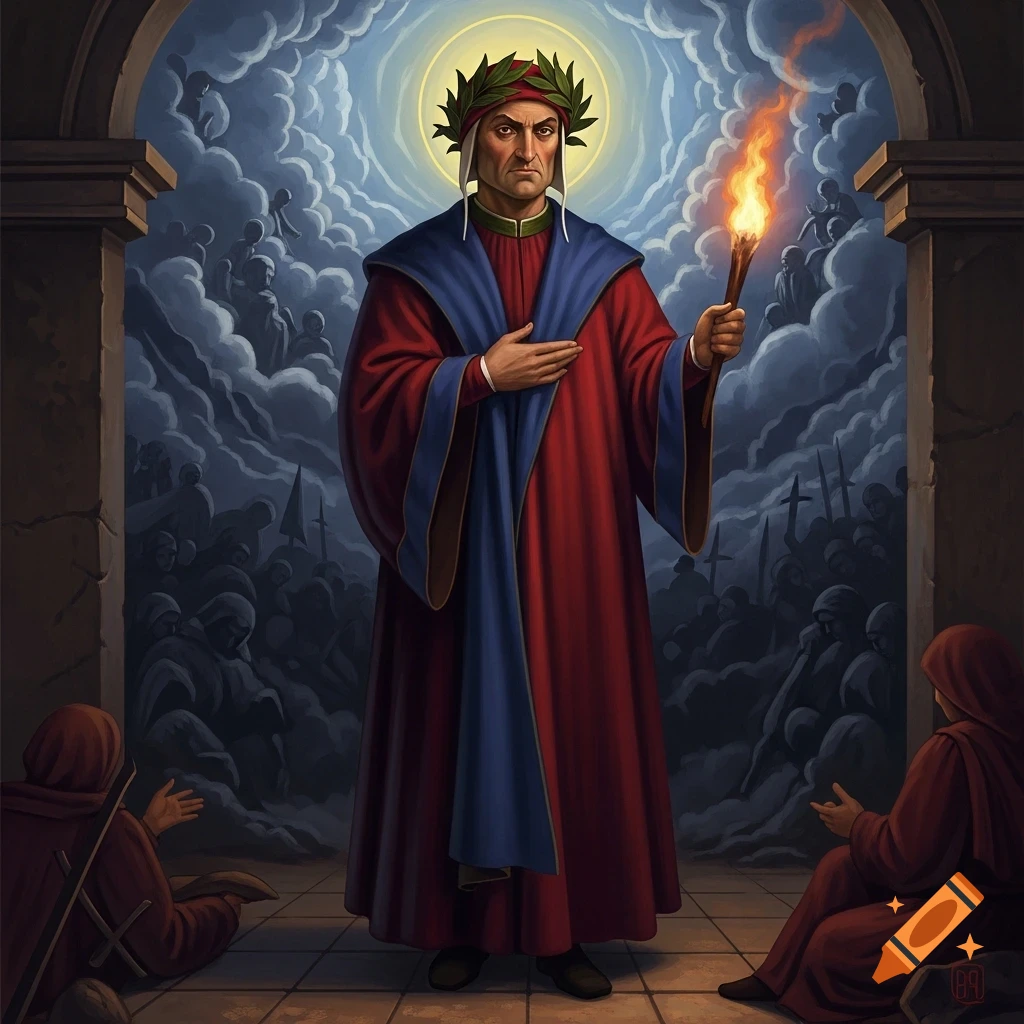 Dante Alighieri in a red and blue robe, crowned with laurel, holds a burning torch, against a cloudy sky with shadowy figures and crosses.