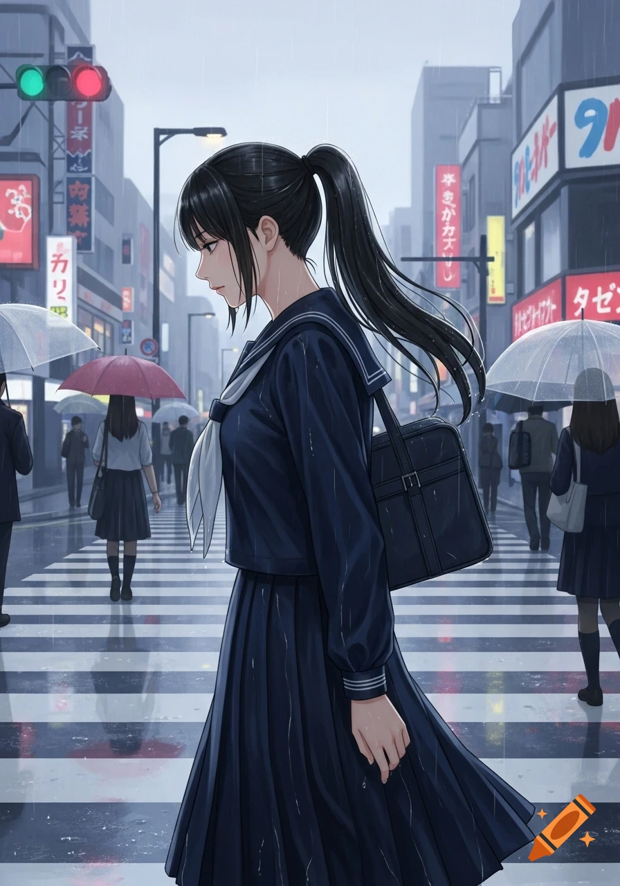 Anime illustration of a Japanese student with a ponytail walking in the rain across a crosswalk in a city street.