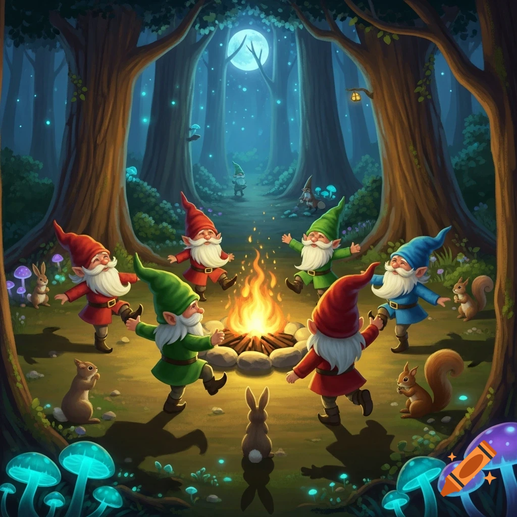 Whimsical illustration of gnomes dancing around a campfire in an enchanted forest under a full moon, with glowing mushrooms and forest animals.