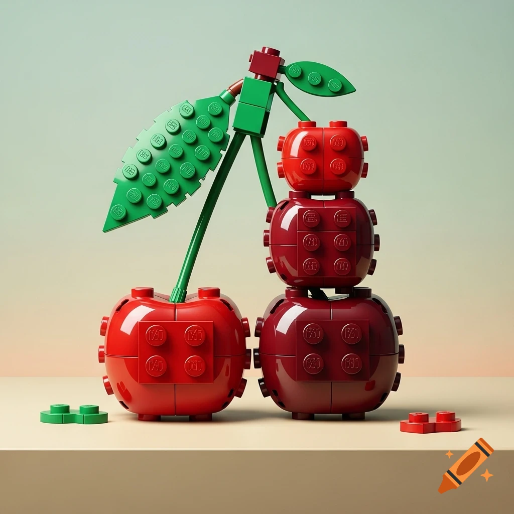 A still life of two cherries made from red Lego bricks with green stems and leaves on a beige surface.