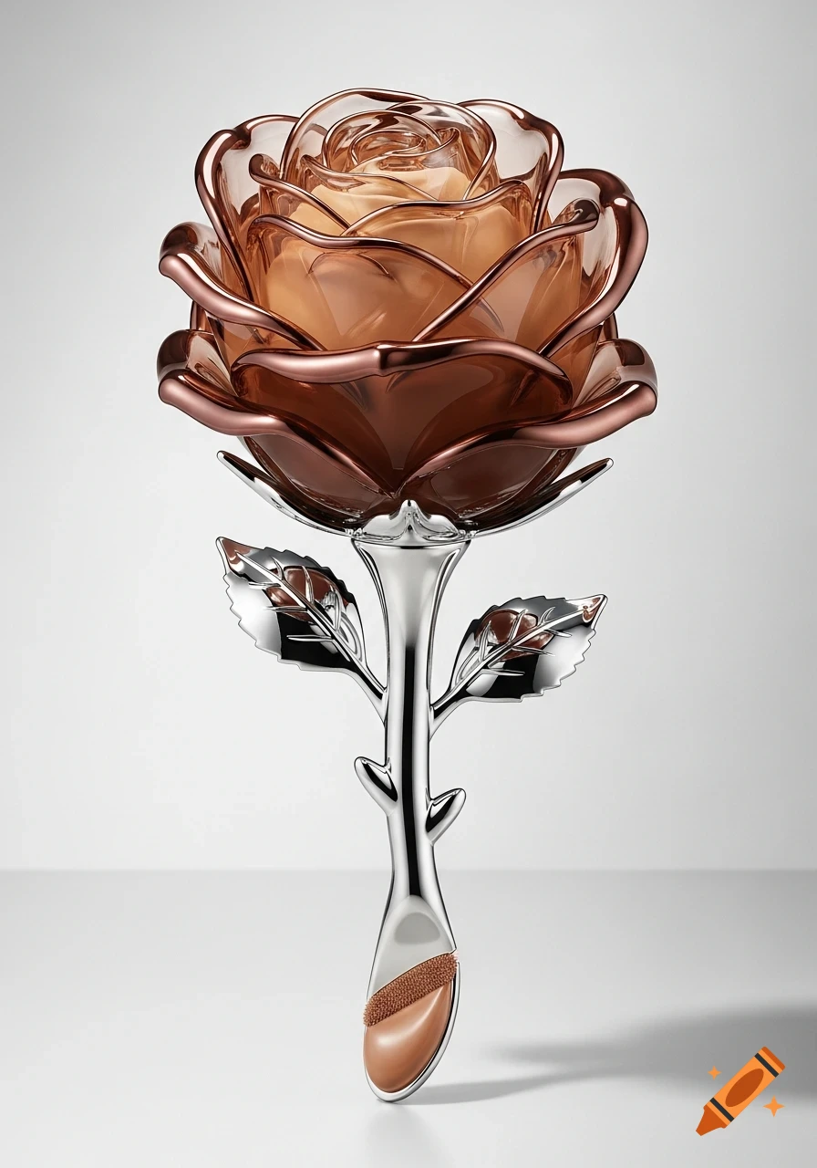 A rose-shaped cosmetic product featuring translucent bronze petals, a silver stem, and a brown foundation applicator at its base.