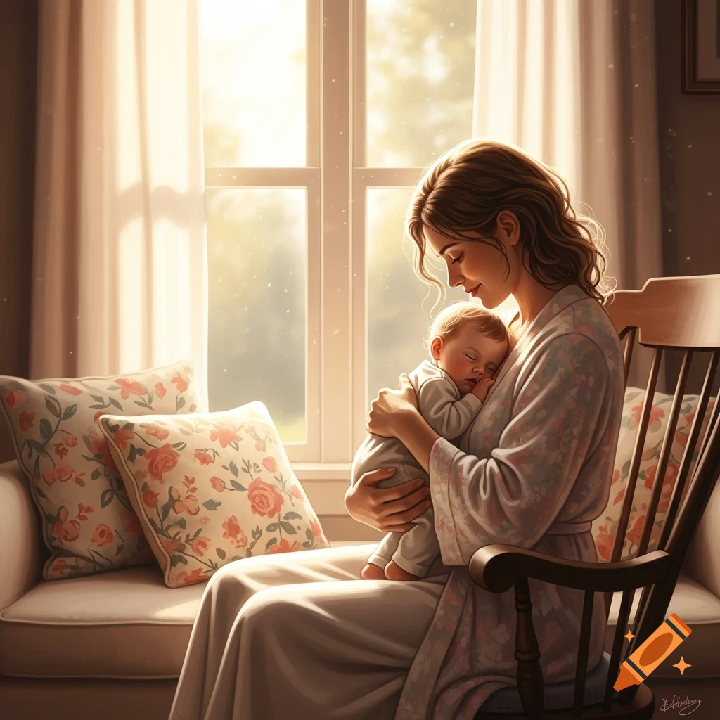 A serene woman gently holds a sleeping baby in her arms, bathed in warm sunlight by a window, with floral pillows nearby.