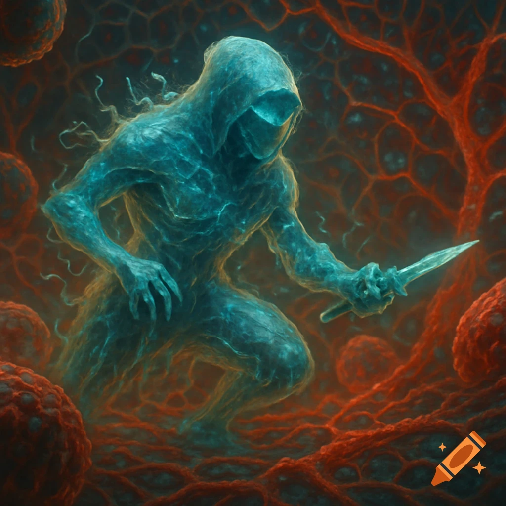 A hooded, blue, fluid-like figure holding a knife, crouching within a red, cellular, microscopic biological environment.