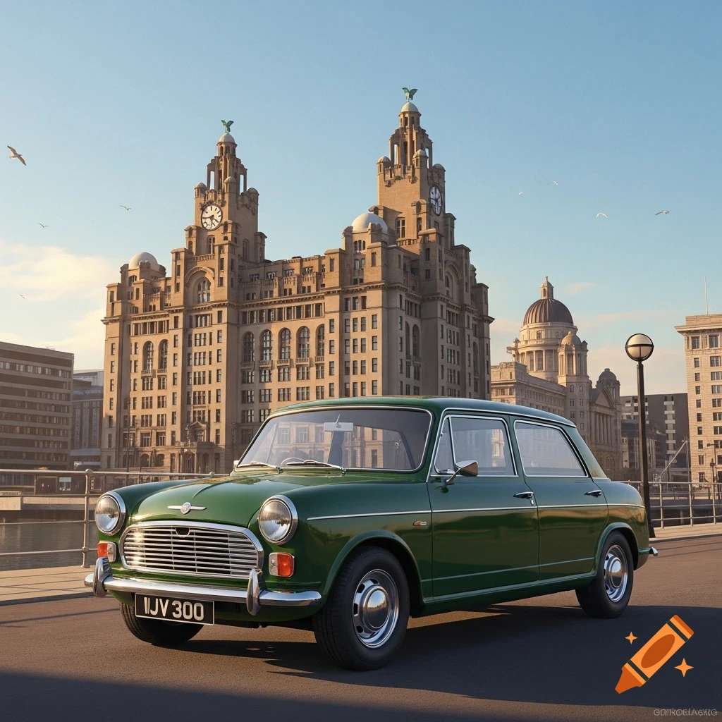 A green classic car with 'IJV 300' license plate parked on a sunny day in front of Liverpool's Royal Liver Building.