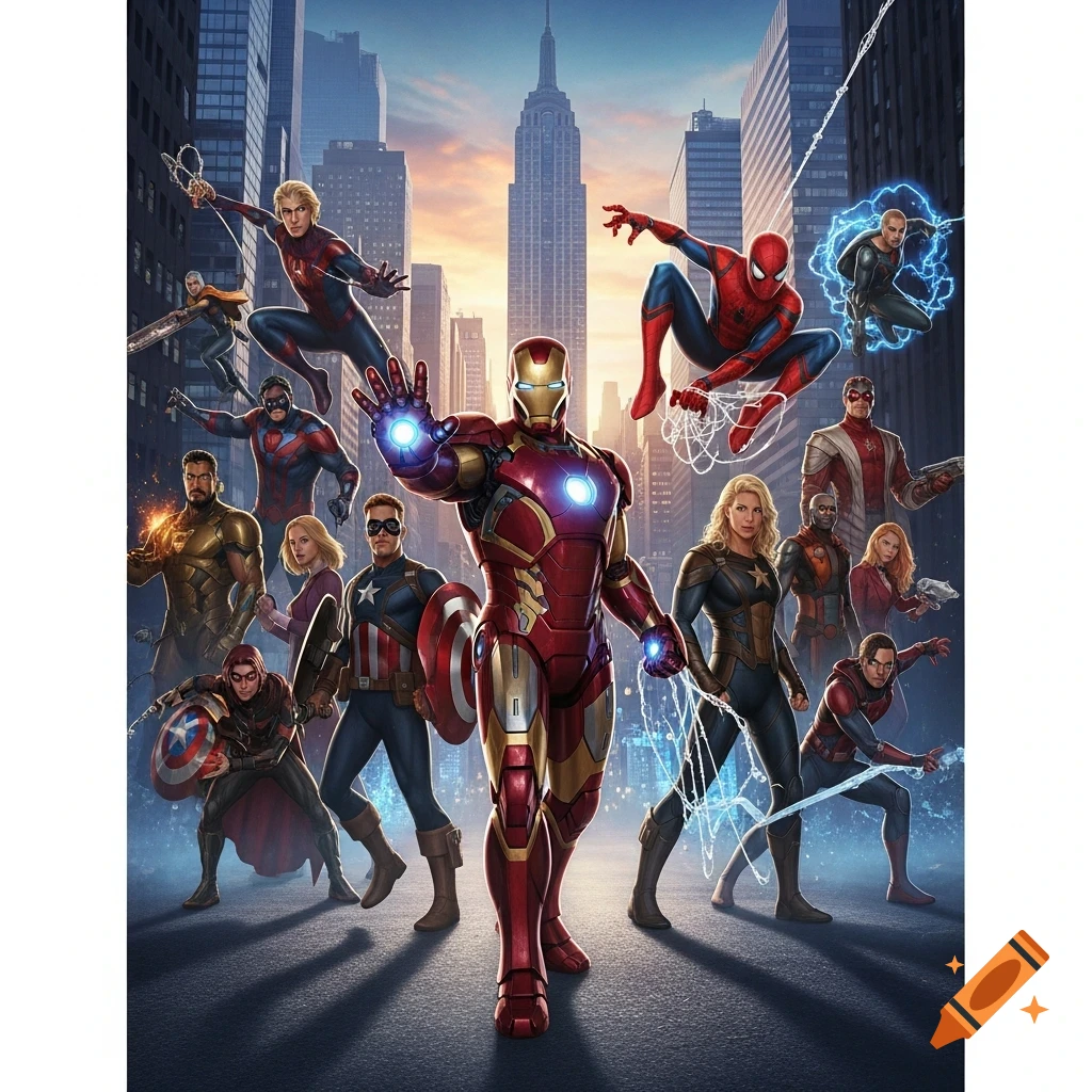 A group of Marvel superheroes including Iron Man, Spider-Man, and Captain America stand in an urban cityscape in a dynamic comic art style.