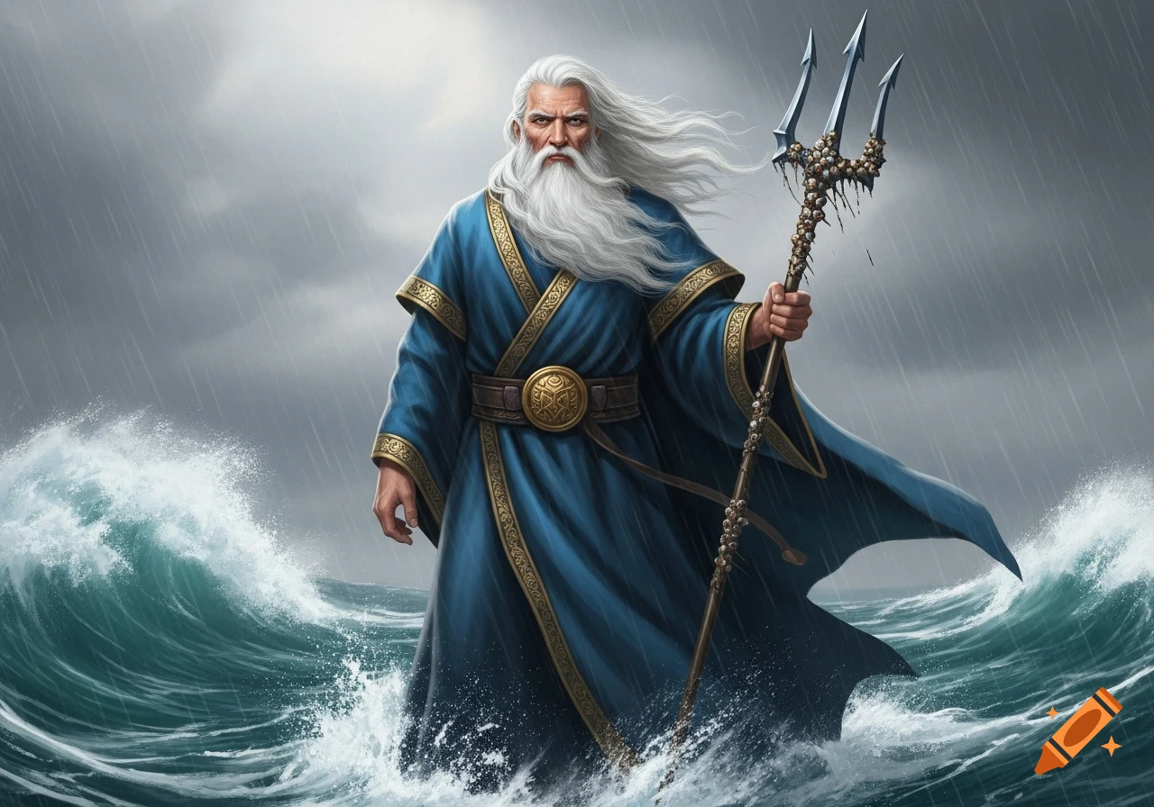 An old, weathered sea priest in blue robes with a long white beard stands in stormy seas, holding a trident.
